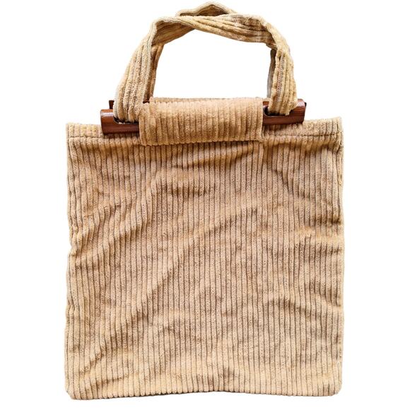 Vintage handmade courduroy wooden clasp tote bag knitting bag gold mustard - Picture 1 of 4